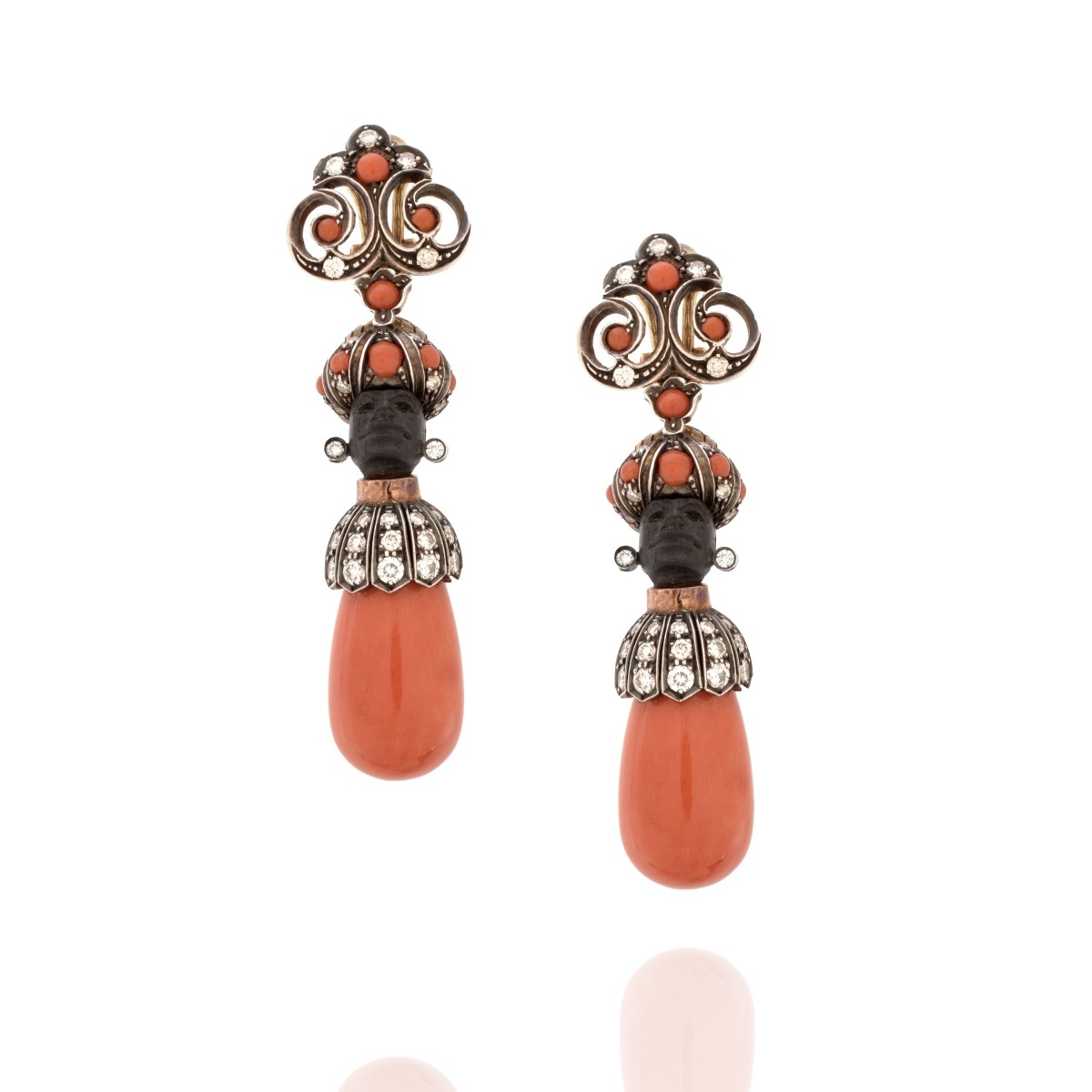 Diamond, Coral, 18K and Silver Earrings