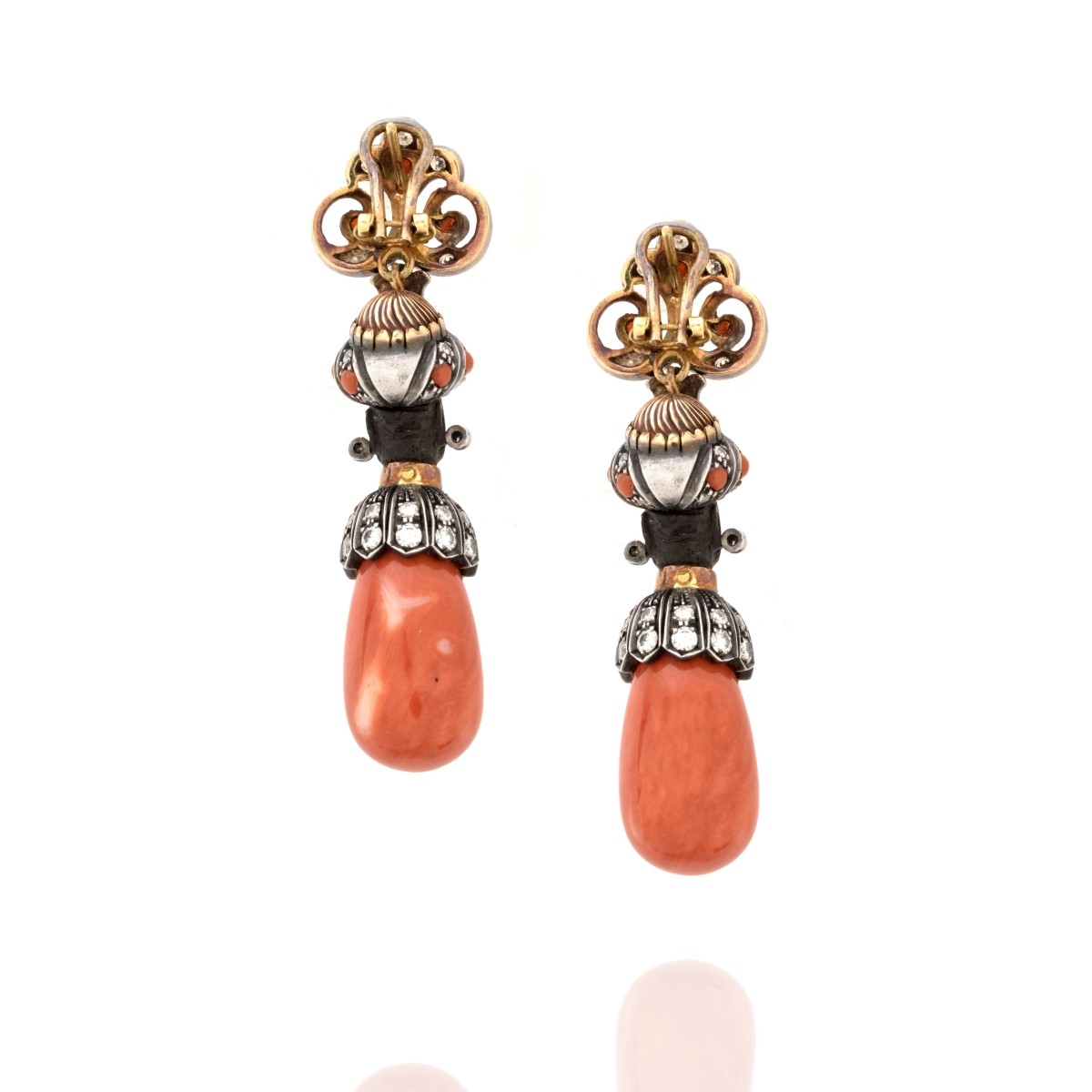 Diamond, Coral, 18K and Silver Earrings