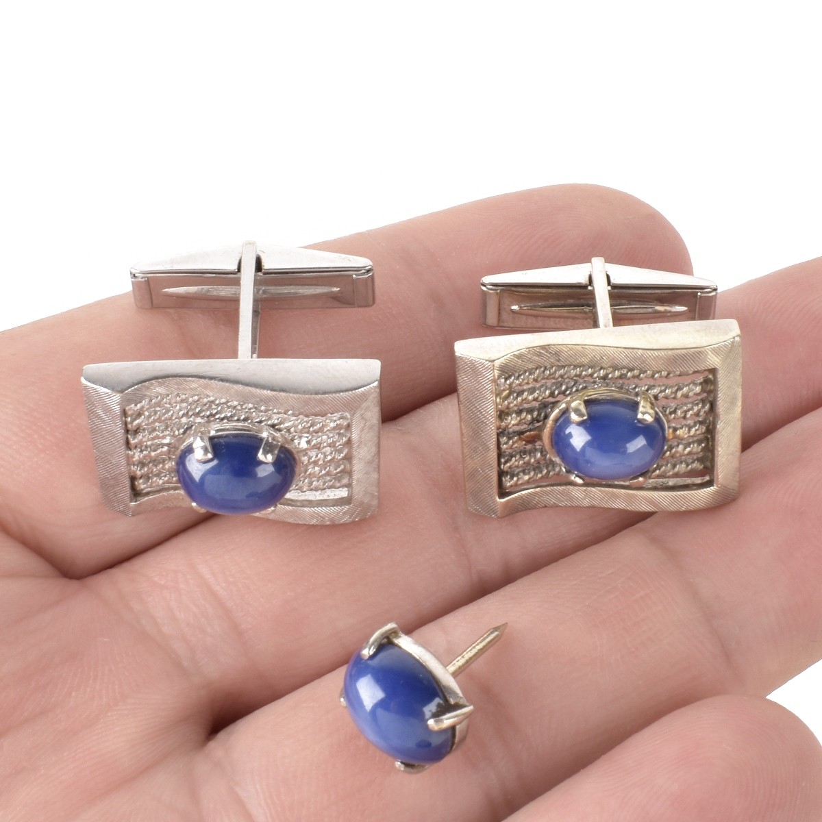 Star Sapphire and 14K Cufflinks and Tie Tack