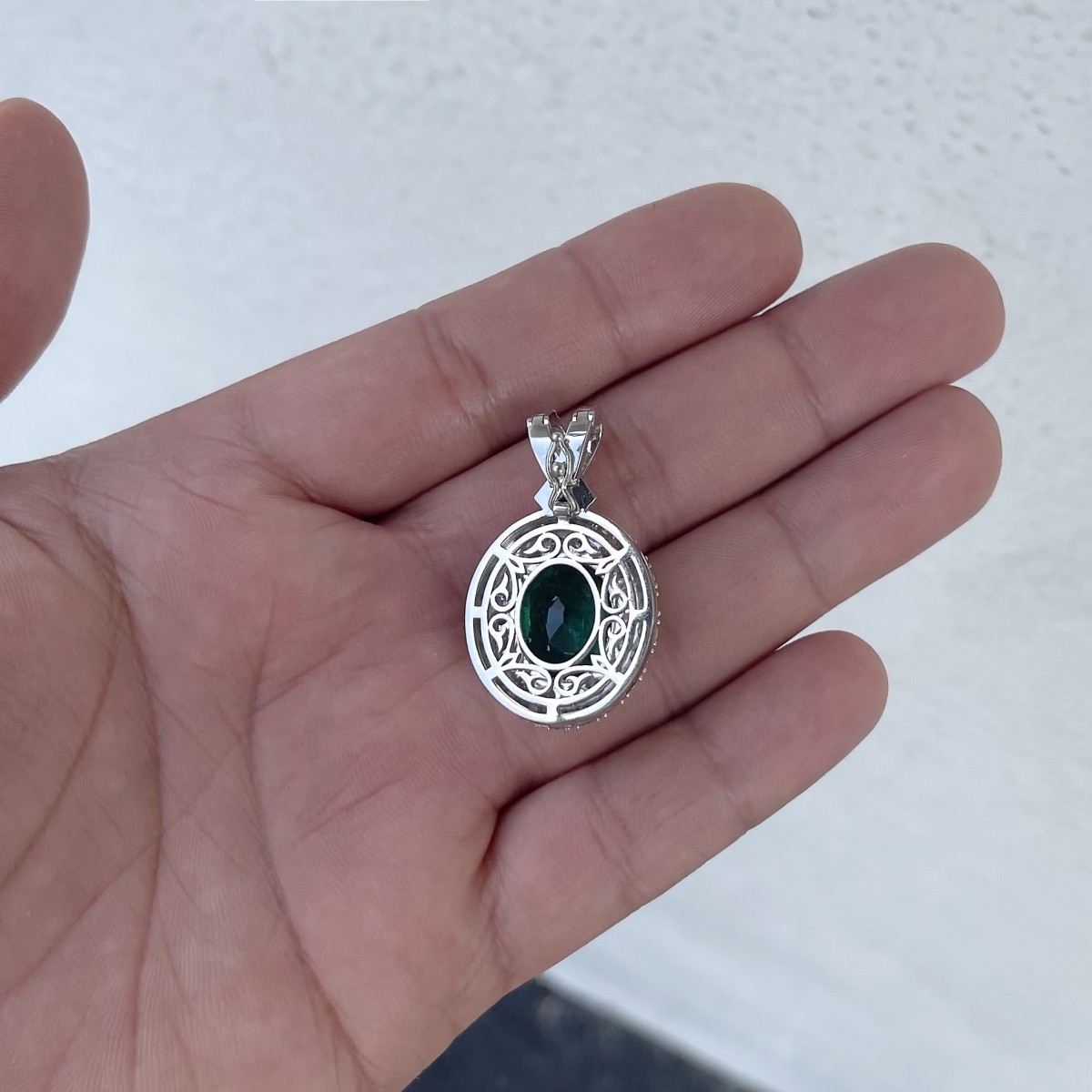 Emerald, Diamond and Platinum Pendant