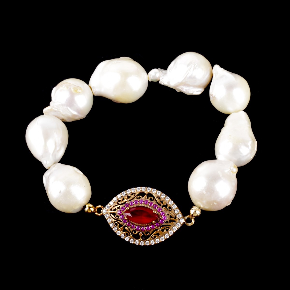 Pearl, Diamond, Ruby and Silver Bracelet