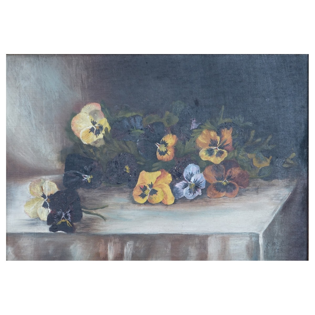 O/C Still Life of Pansies signed E. M. C. "88
