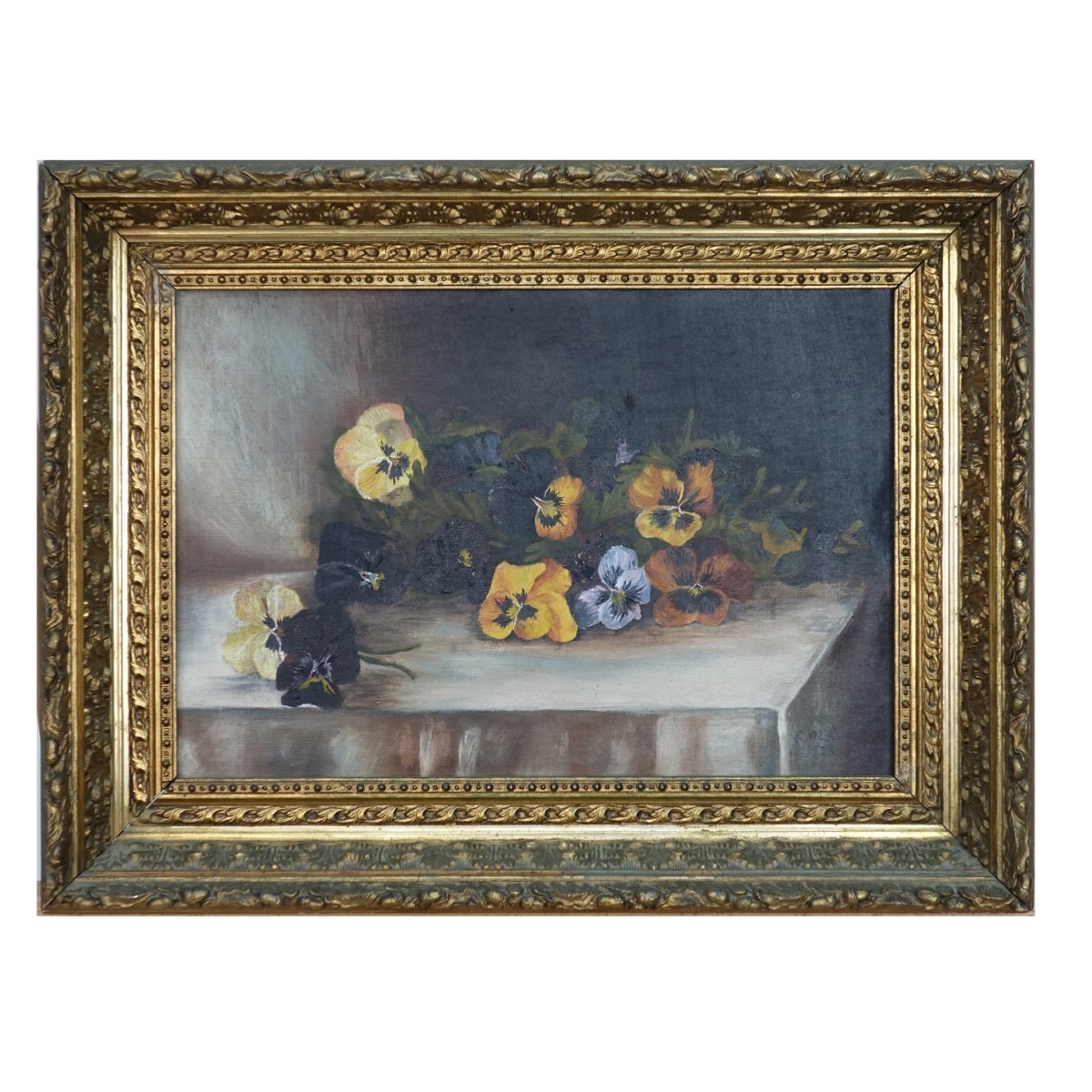 O/C Still Life of Pansies signed E. M. C. "88