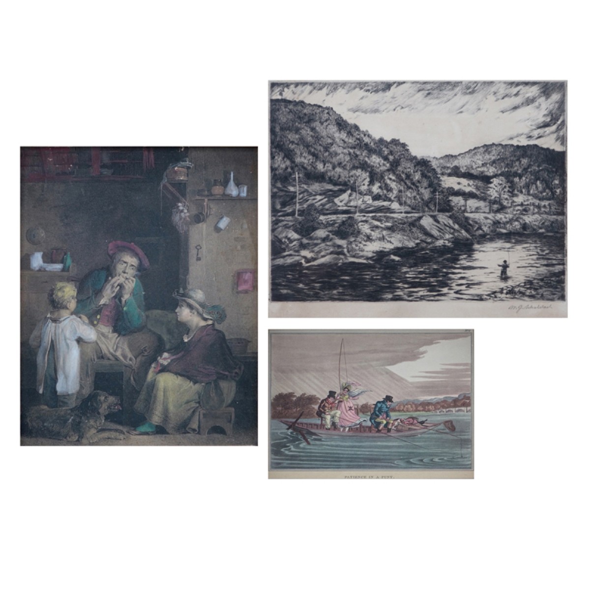 3 Antique Framed Prints, Music, Fishing, Boating