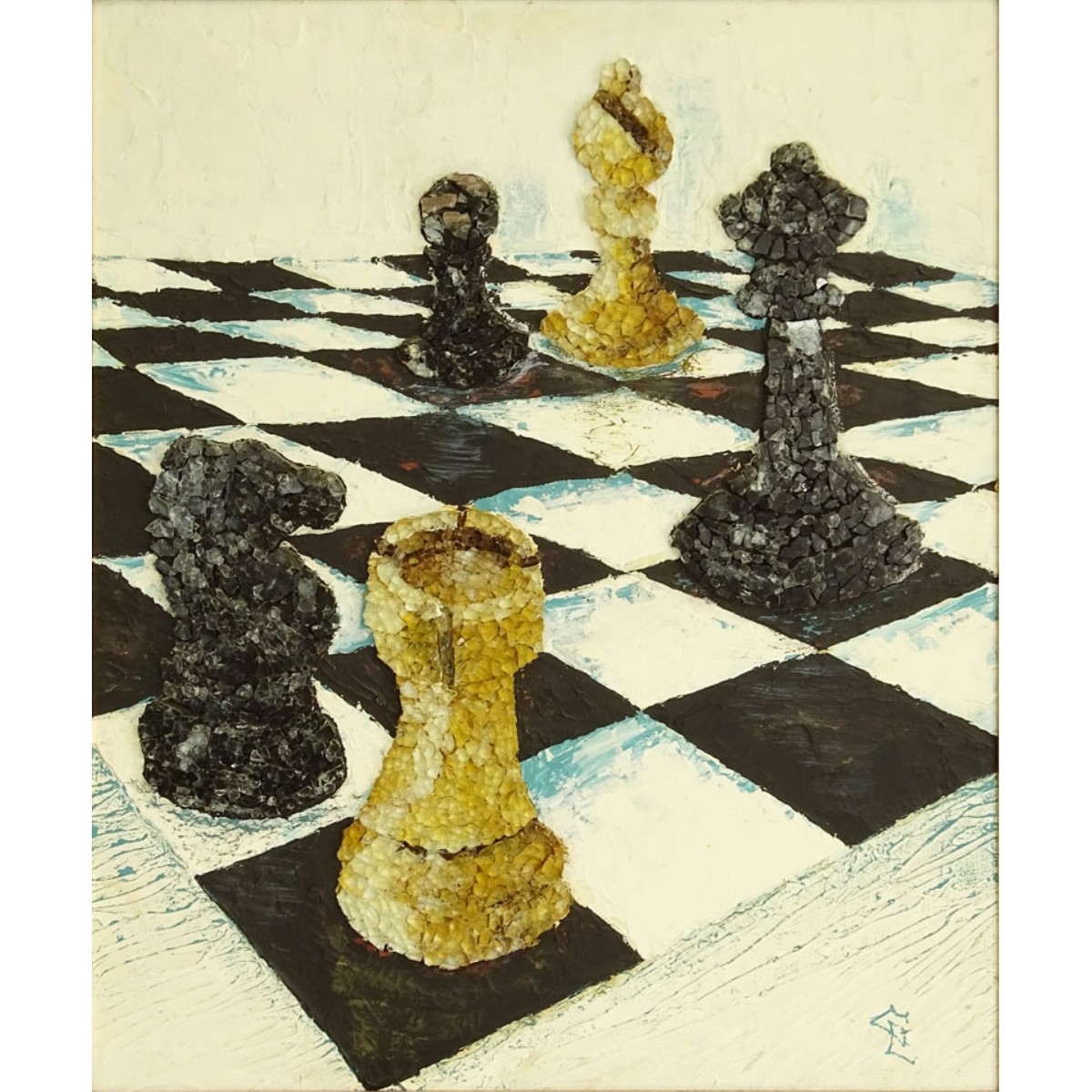 Modern Mixed Media Glass Mosaic and O/Panel, Chess