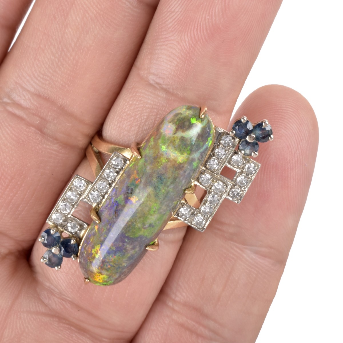 Opal, Diamond, Sapphire and 14K Ring