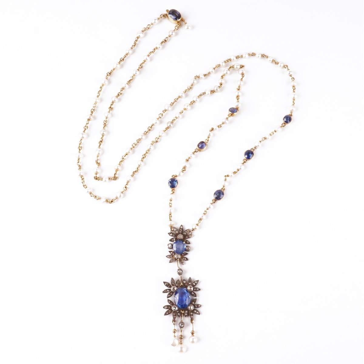 Sapphire, Diamond, Pearl and 14K Necklace