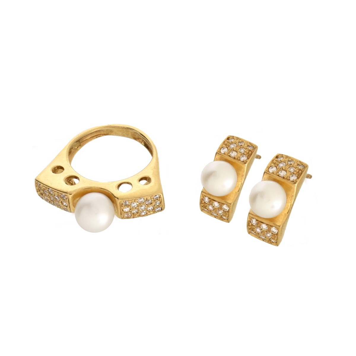 Pearl, Diamond and 18K Ring and Earrings