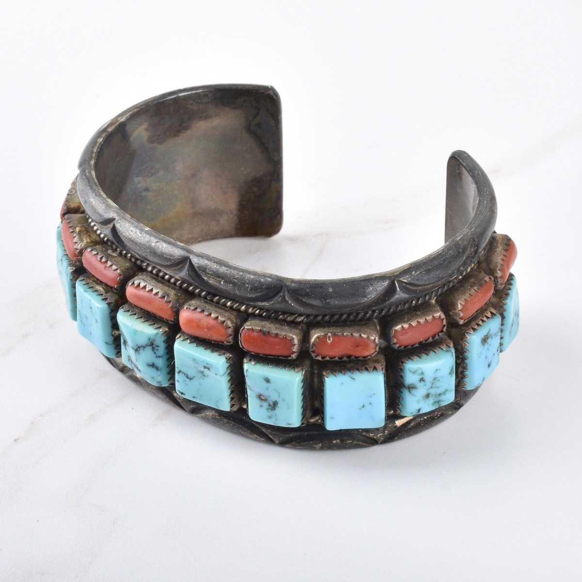Silver, Turquoise and Coral Cuff