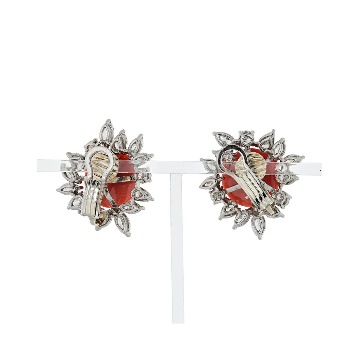 Diamond, Coral and Platinum Earrings
