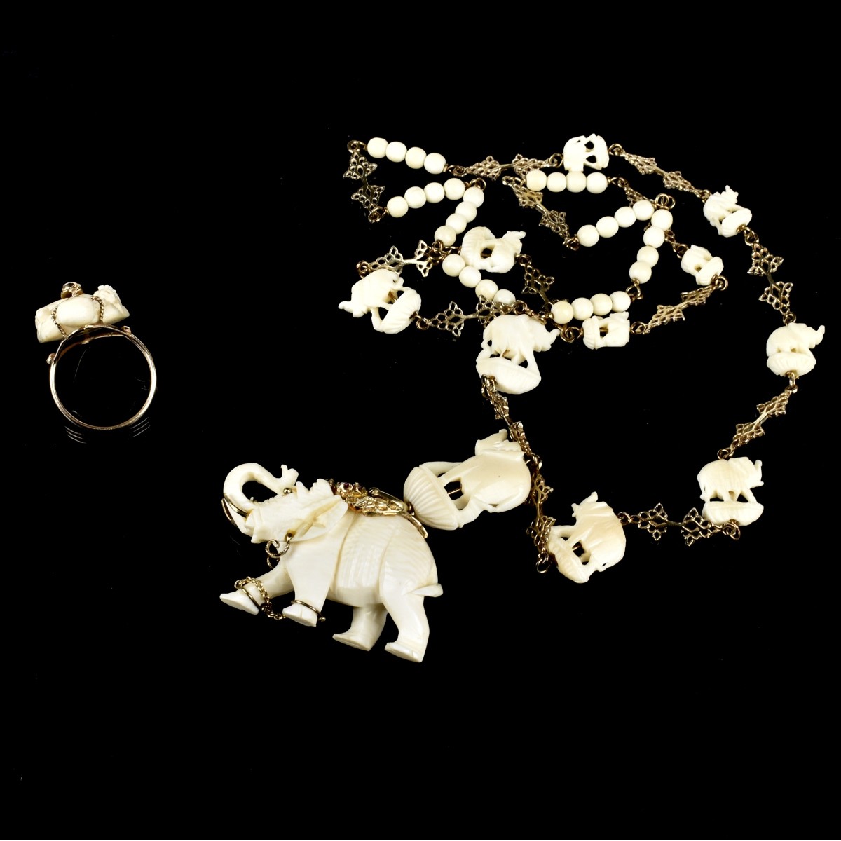 Asian Carvings and 14K Necklace and Ring