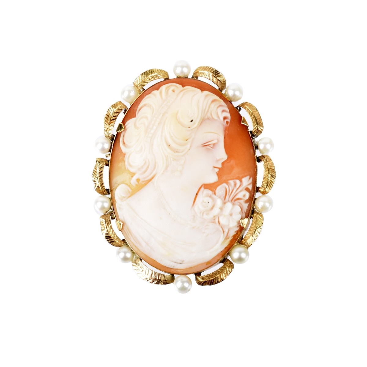 14K, Pearl and Carved Shell Cameo Brooch