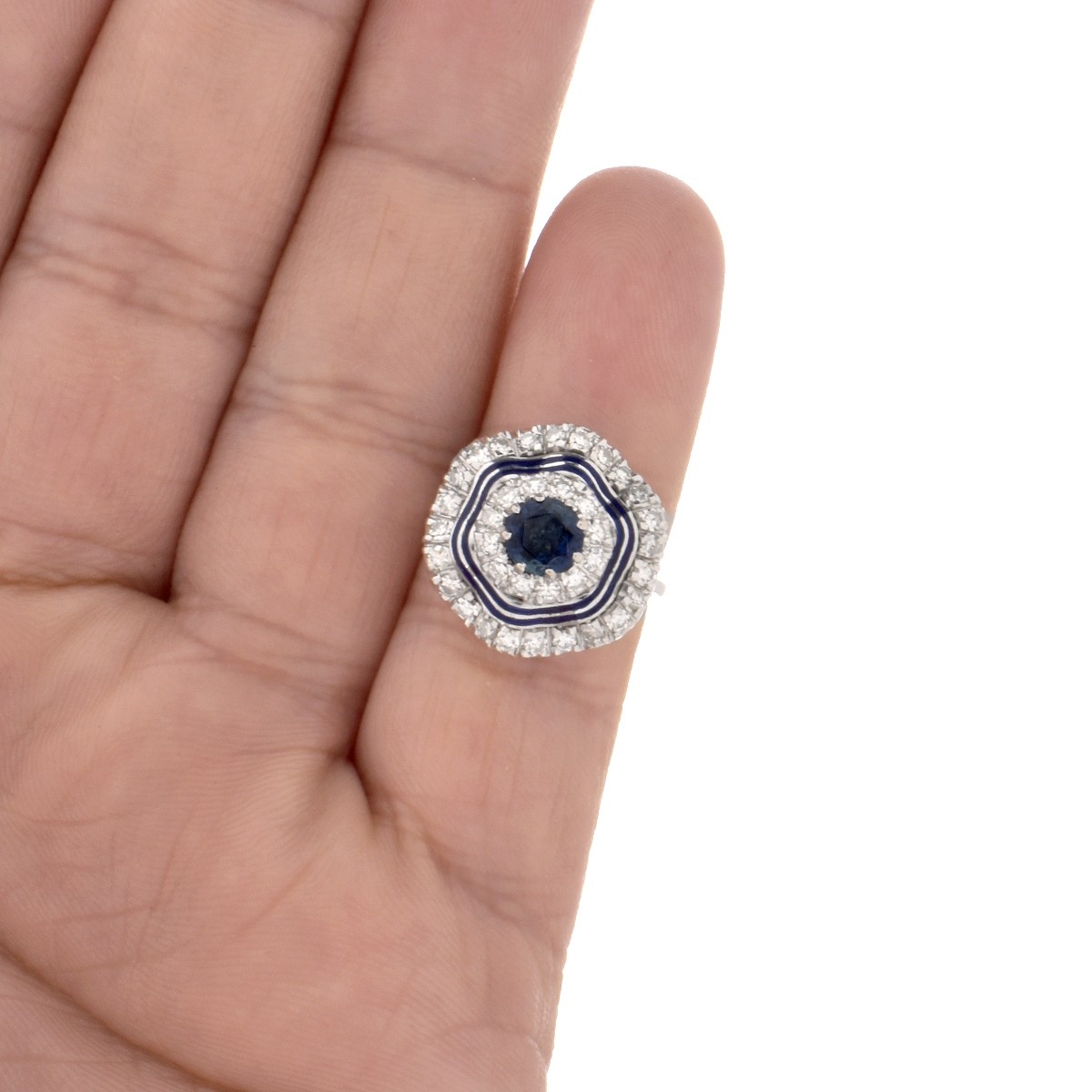 Sapphire, Diamond, Enamel and 18K Ring