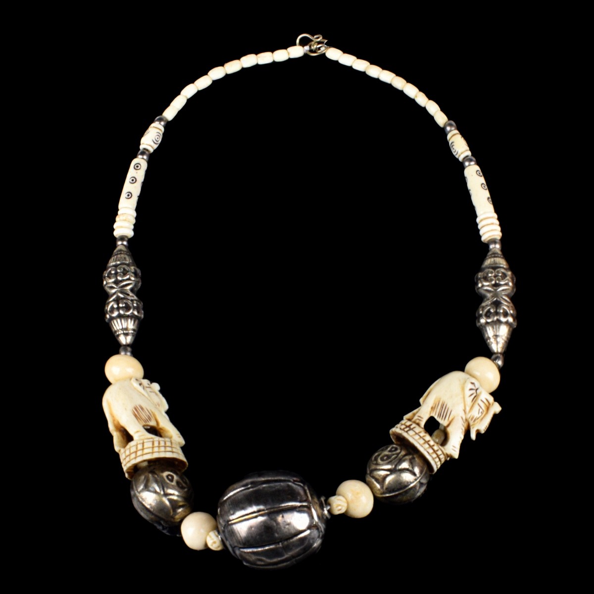 African Carved and Silver Metal Necklace