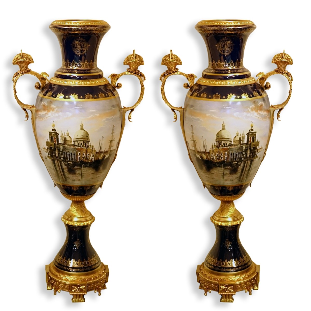 Pr Monumental Hand Painted Palace Size Urns