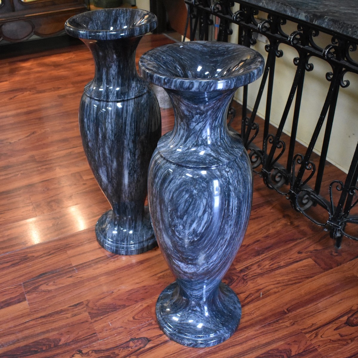 Pair Palace Size Black Marble Vases