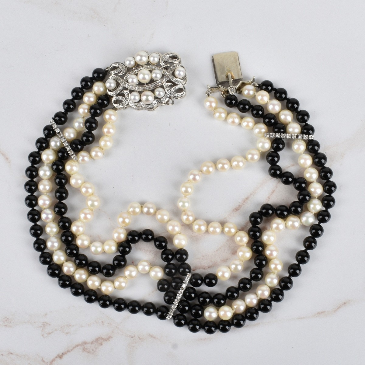 Pearl, Onyx, Diamond and 14K Necklace