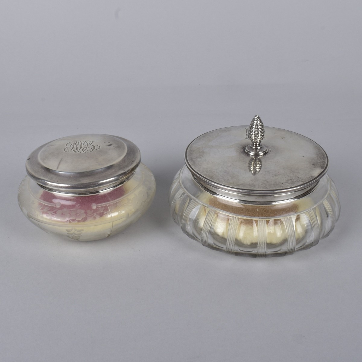 Two Vintage Sterling & Glass Powder Jars