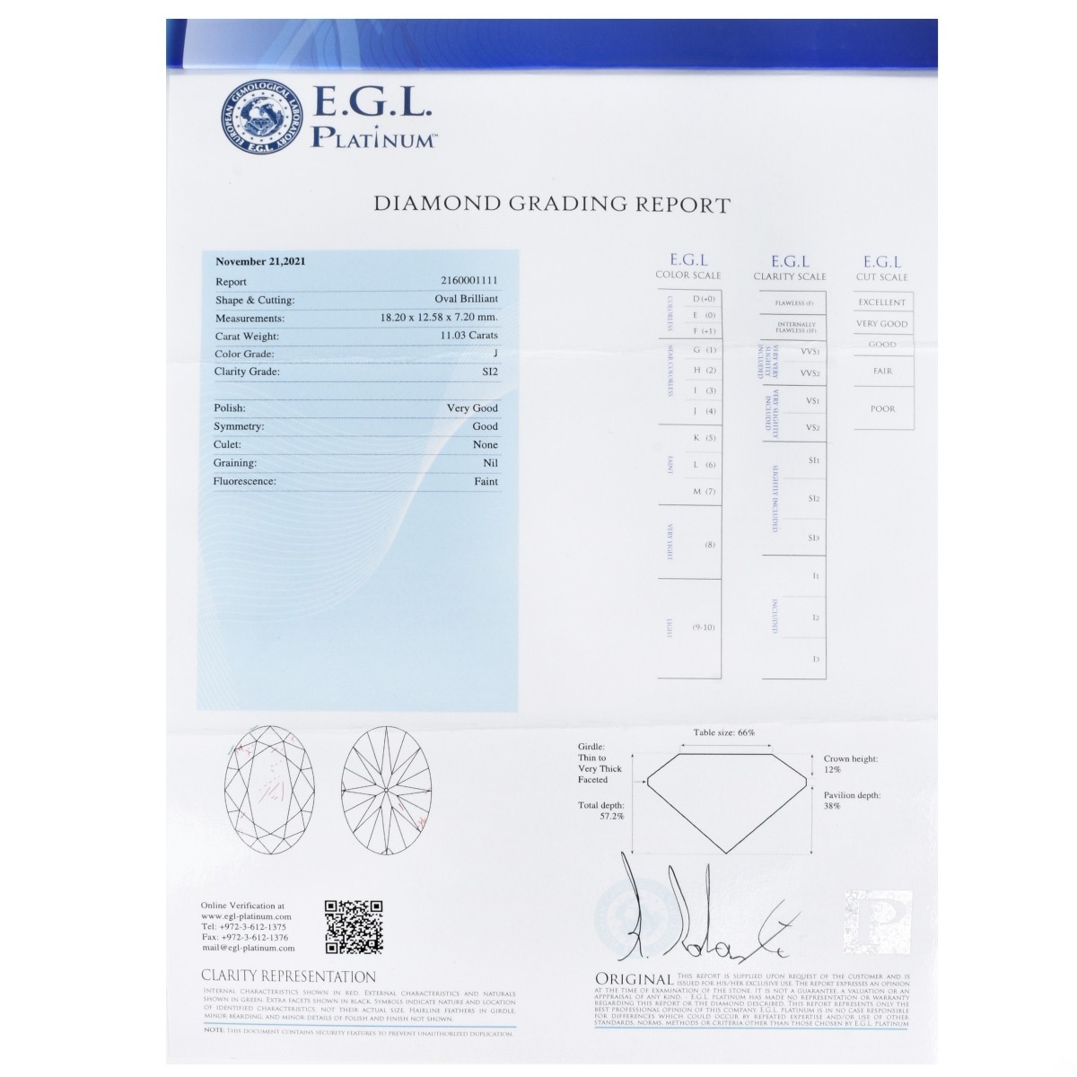 EGL 11.03ct Diamond and 18K Ring