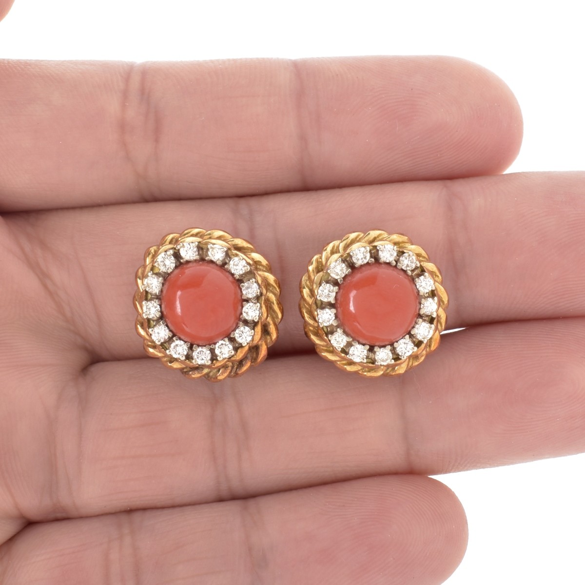 Coral, Diamond and 18K Earrings