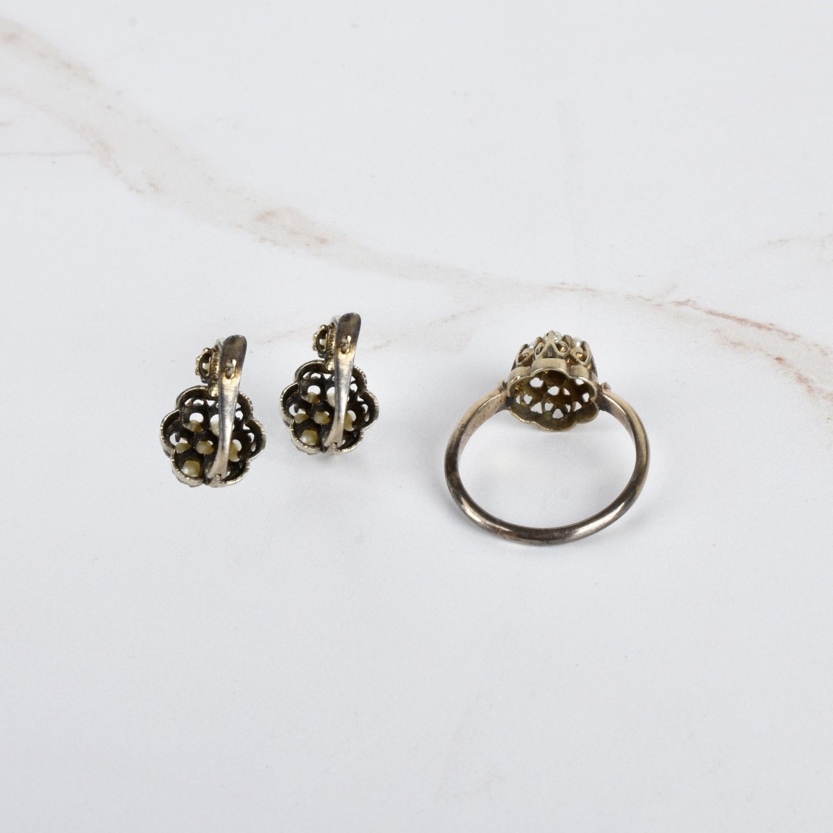 Seed Pearl and 9K Ring and Earrings
