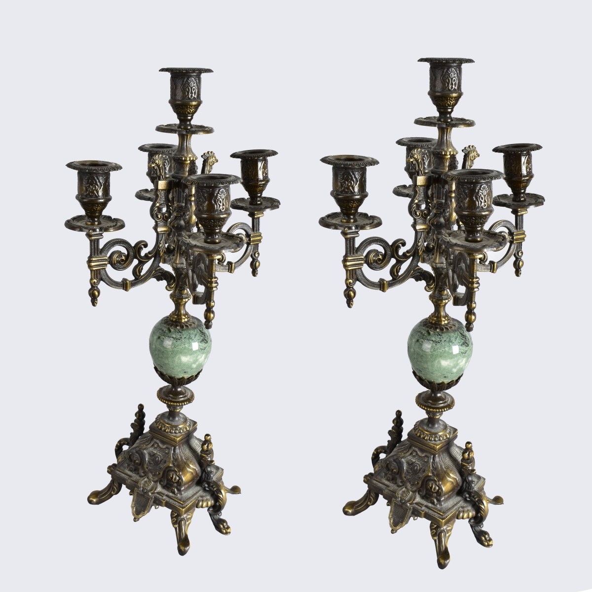 Pair Antique Style Five Light Bronze Candelabra