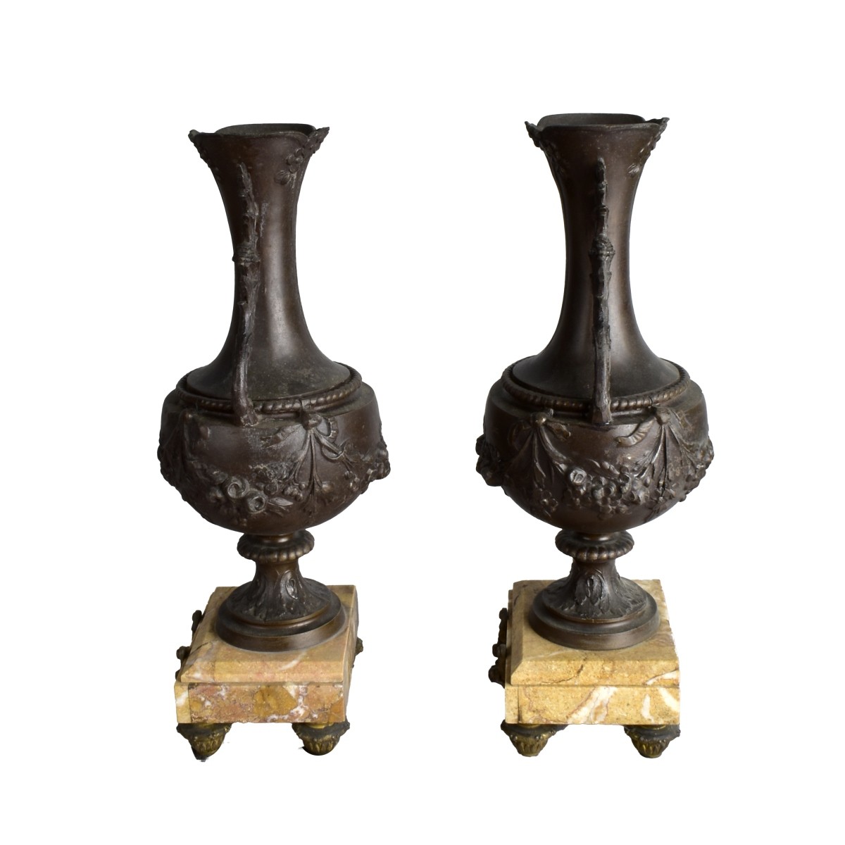 Pair of Bronze Vases on Marble Stands