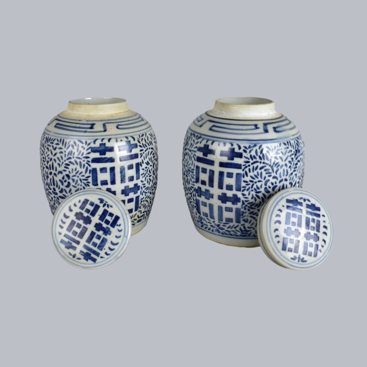 Pair Blue and White Covered Spice Jars