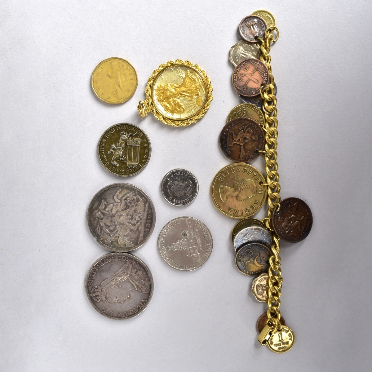 Collection of Coins and Bracelet