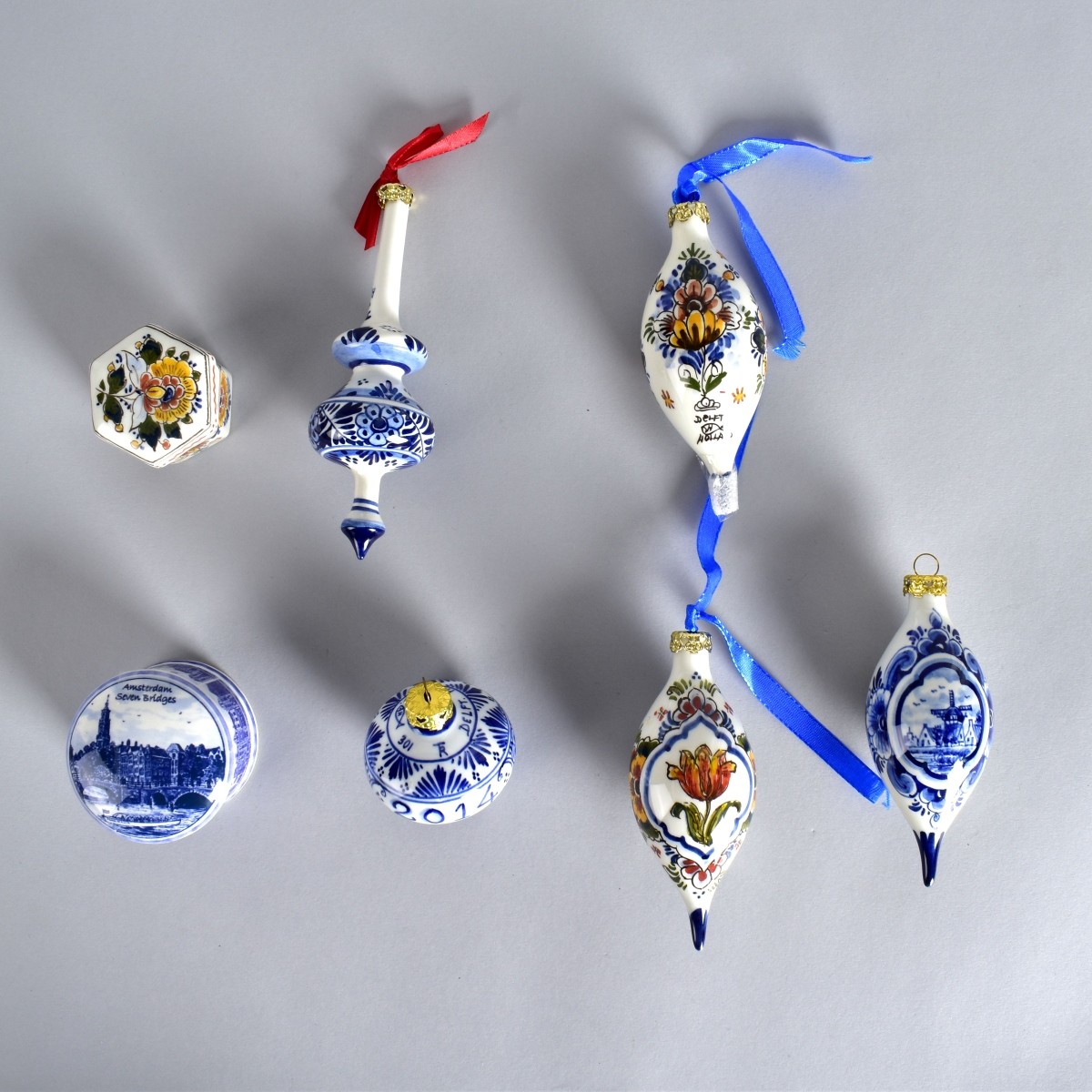 Seven Vintage Delft Ornaments and Trinket Boxes