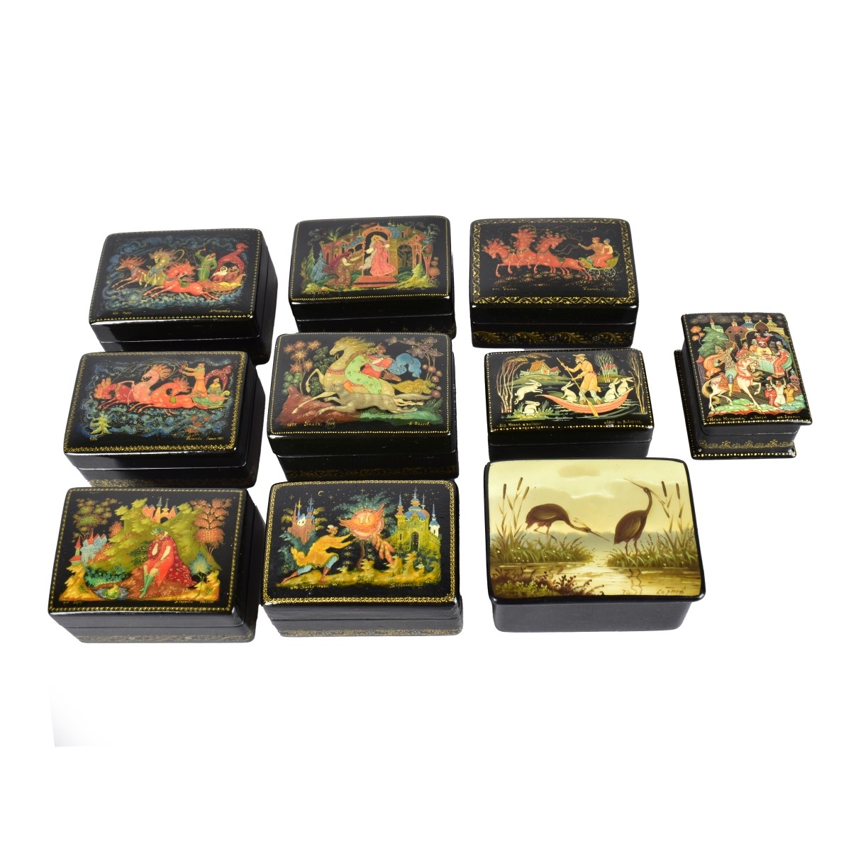 Ten Vintage Russian Lacquer Miniature Boxes