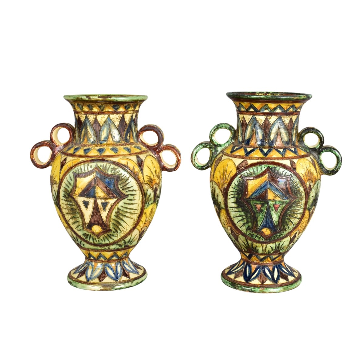Pair of Italian Cellini Majolica Ceramic Vases