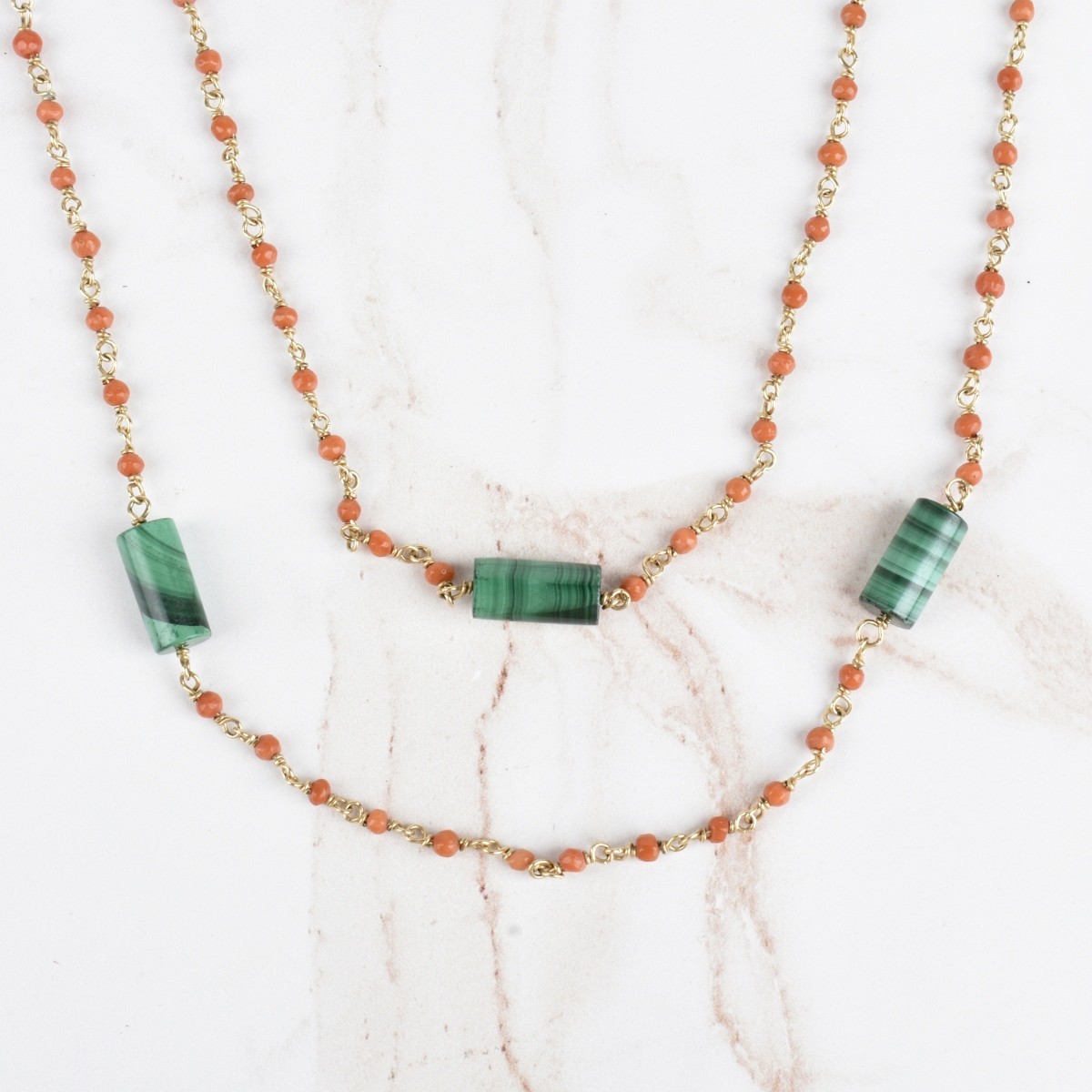 Coral, Malachite and 14K Long Necklace