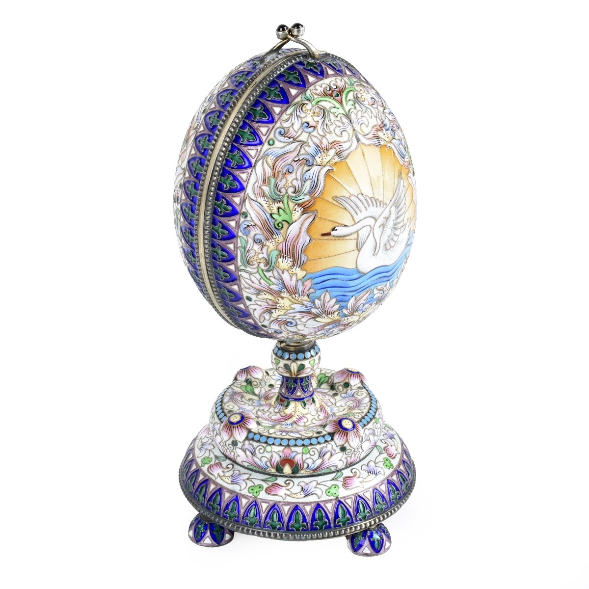 Russian Enamel Silver Gilt Egg on Stand