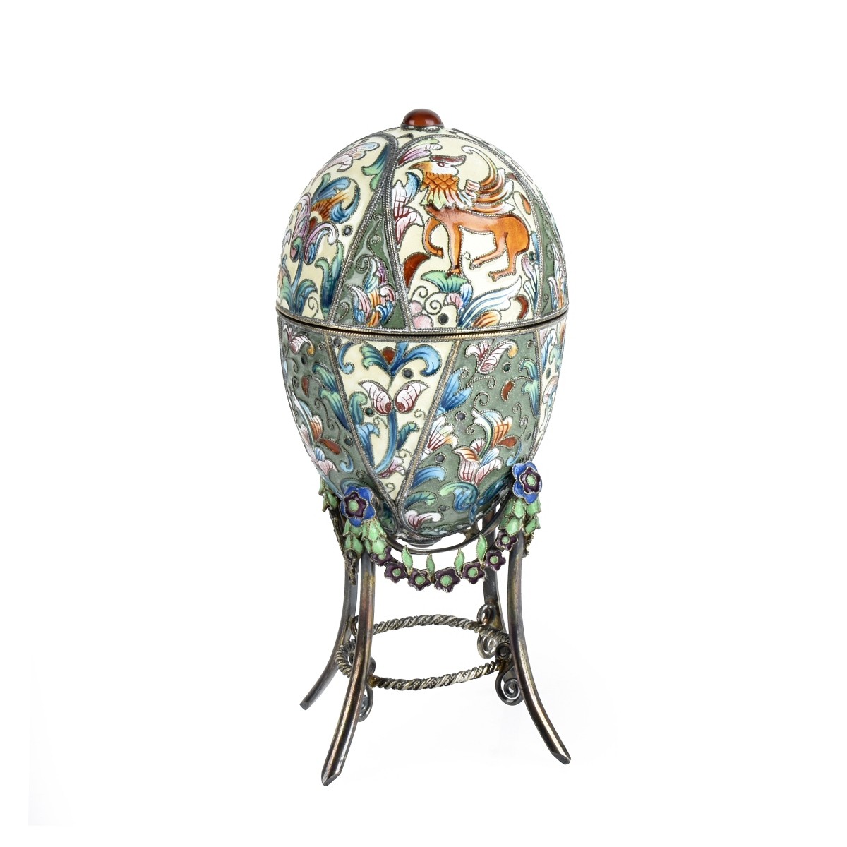 Russian Enamel Silver Egg and Stand