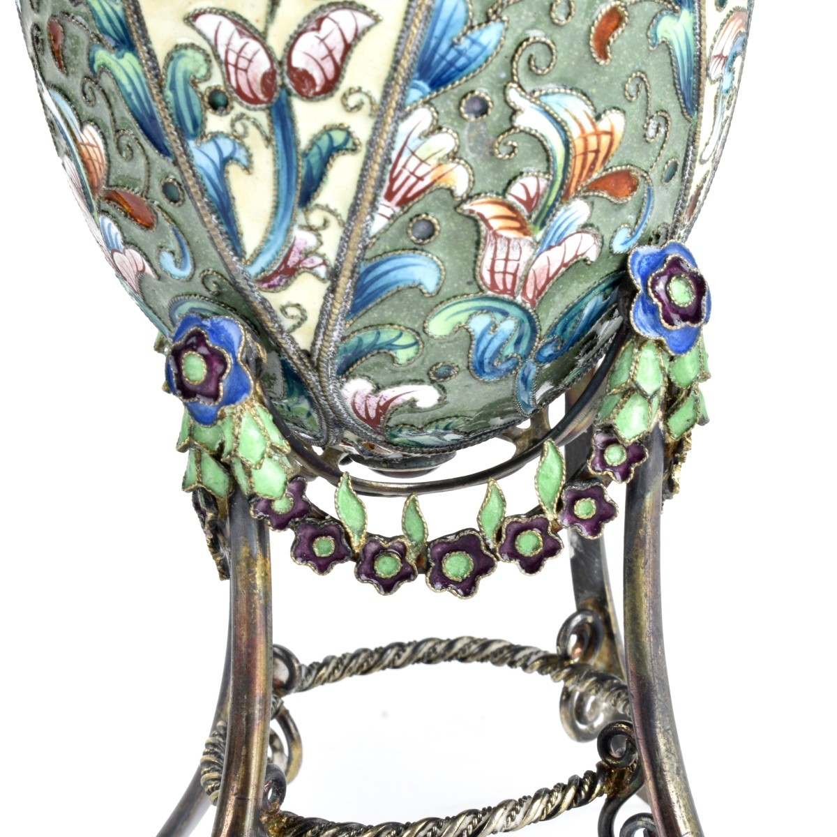 Russian Enamel Silver Egg and Stand