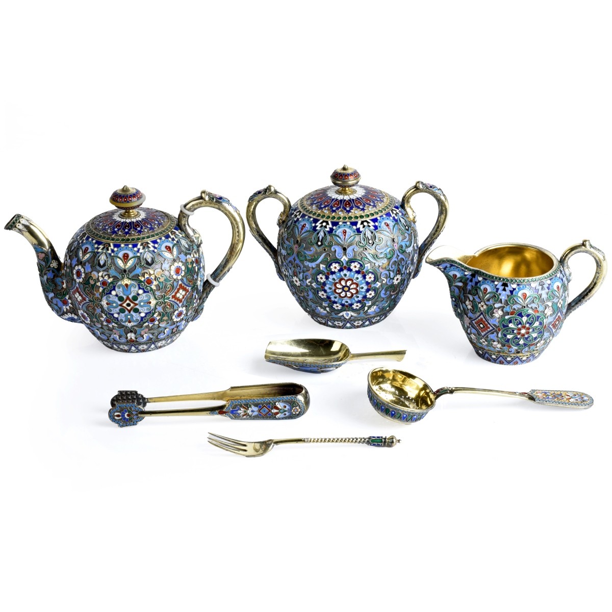 Russian Enamel Silver Gilt Tea Set