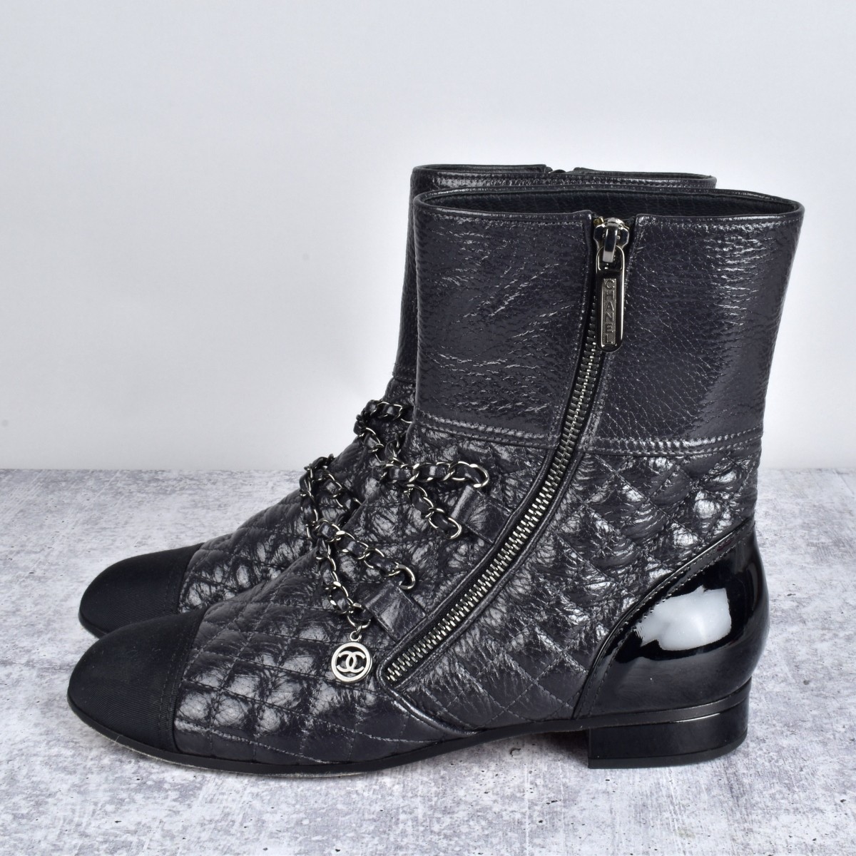 Chanel Patent Grosgrain Quilted Cap Toe Boots
