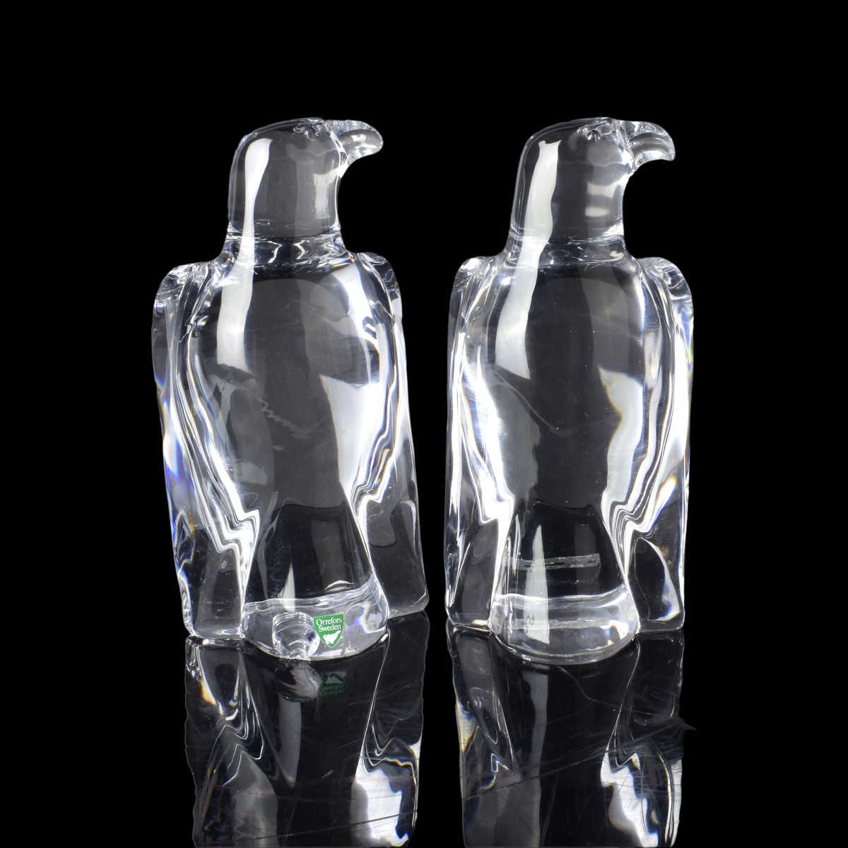 Two Orrefors Crystal Eagle Figurines