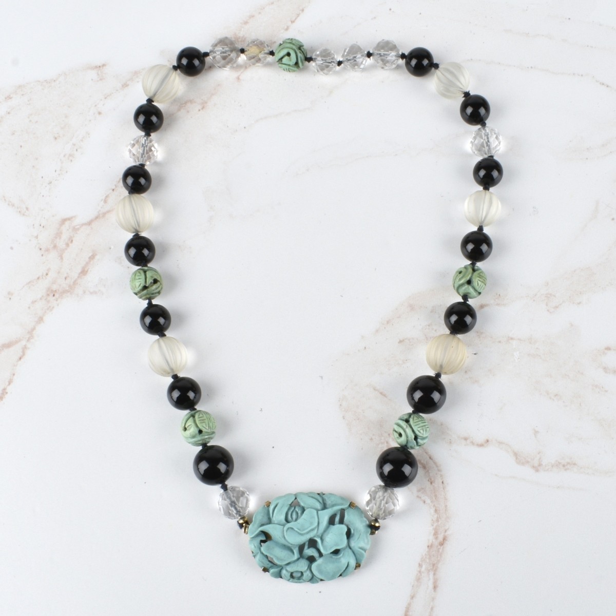 Turquoise, Onyx and Crystal Necklace and Earrings