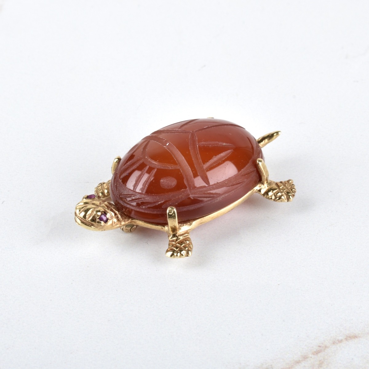 Agate and 14K Turtle Brooch