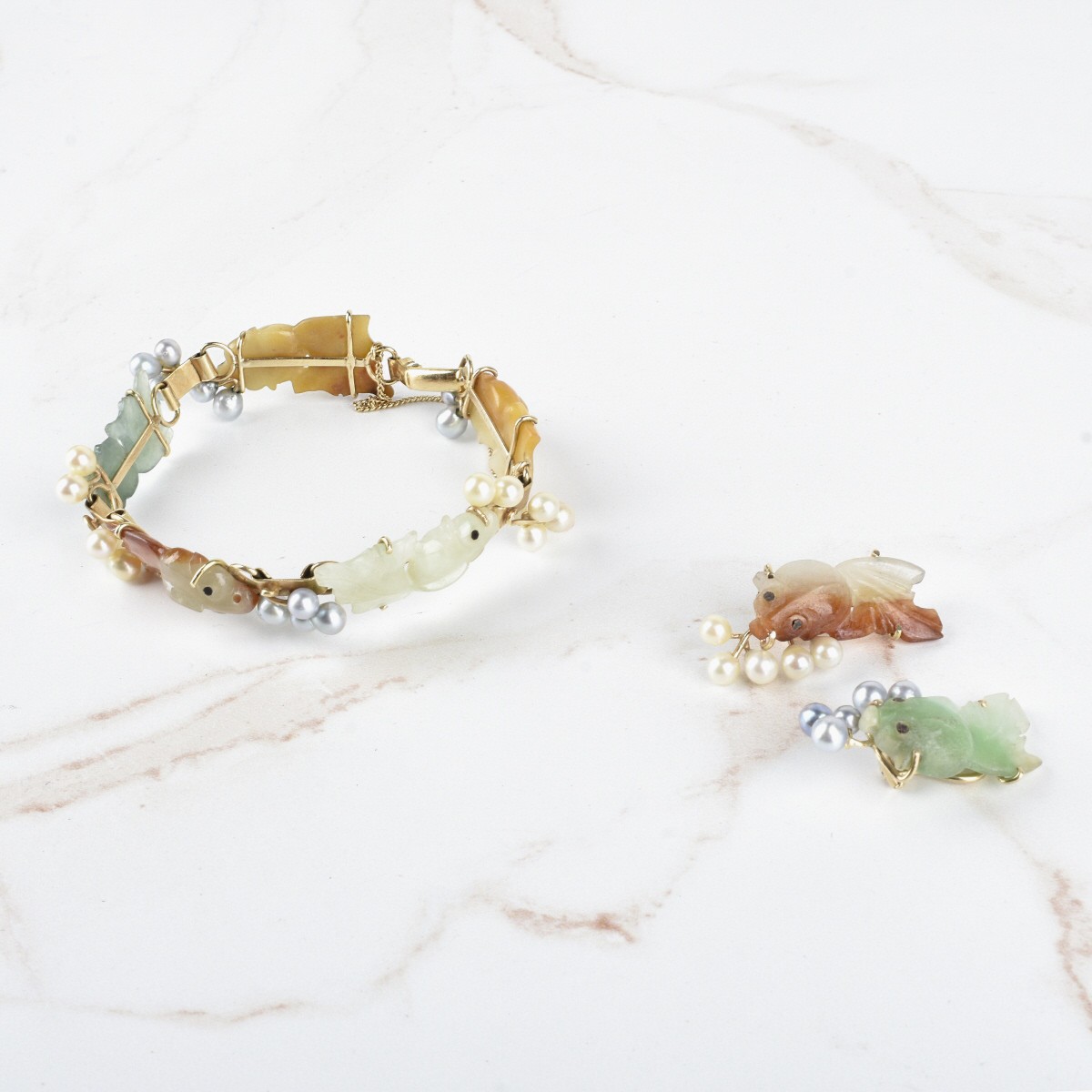 Jade, Pearl and 14K Bracelet & Earrings