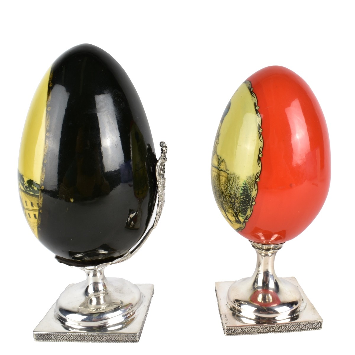 Two Wooden Eggs on Continental Silver Stands