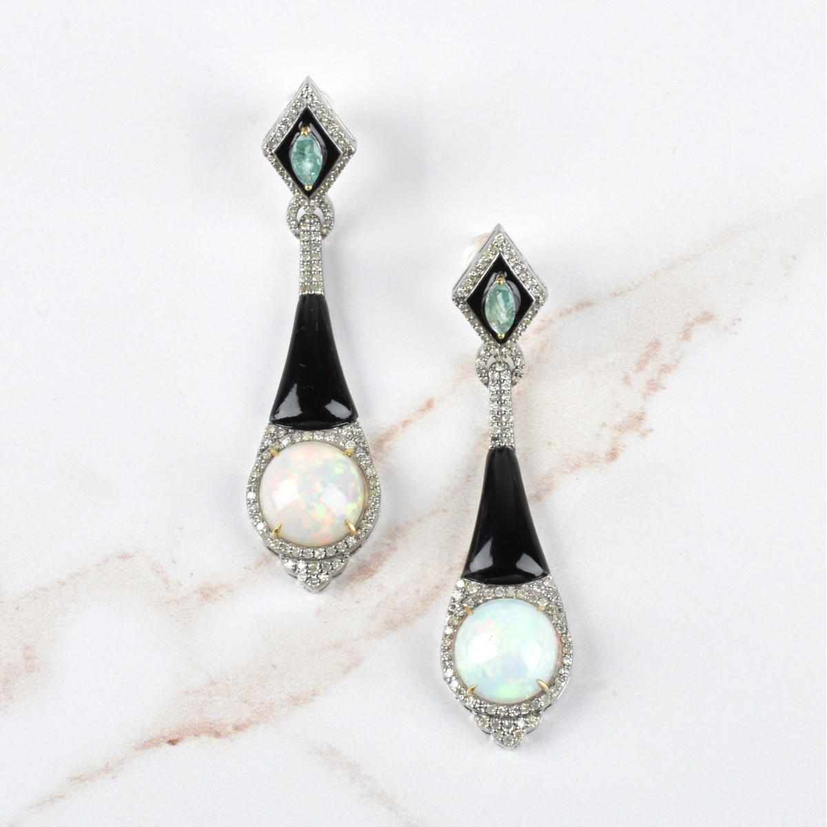 Opal, Diamond, Emerald and Onyx Earrings