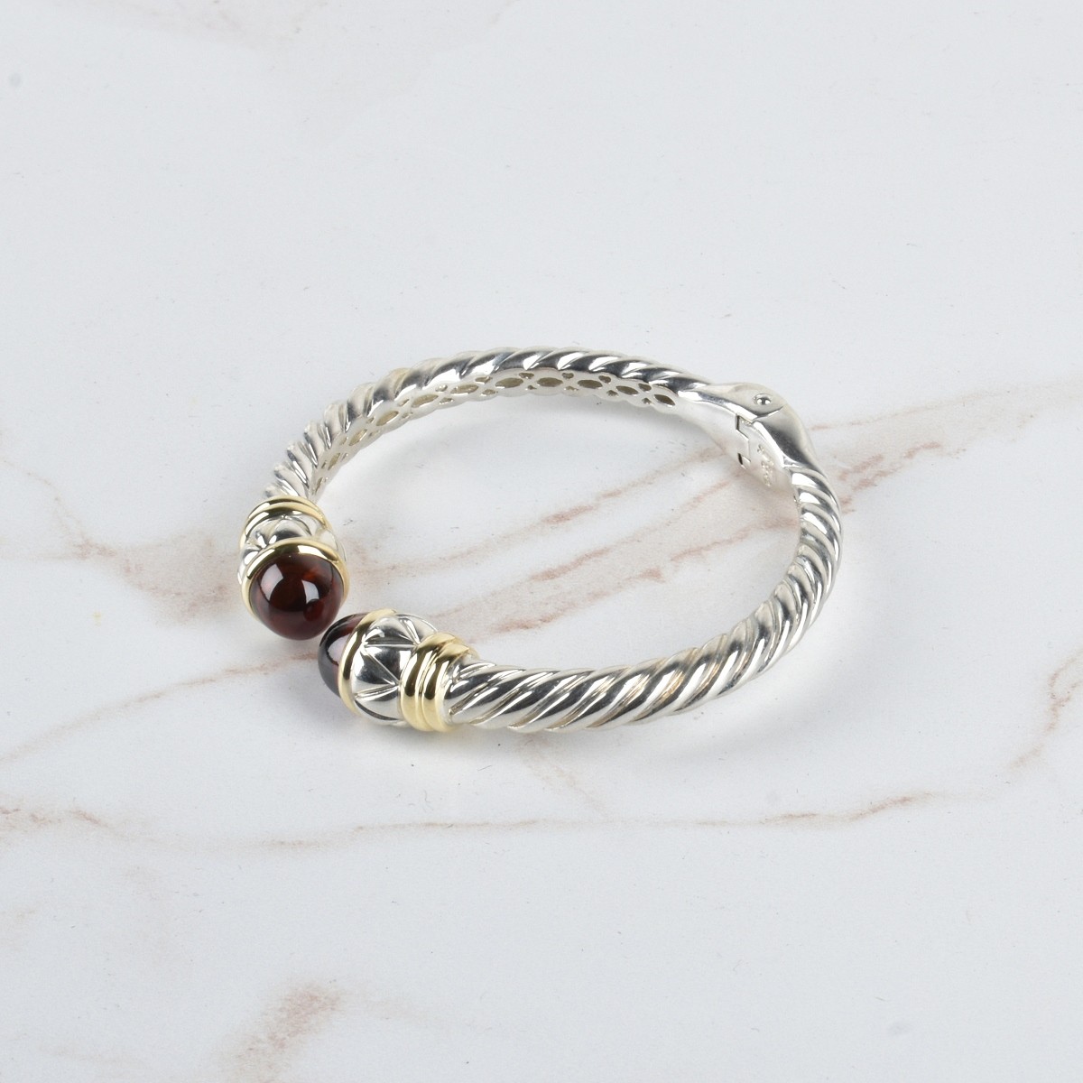 Garnet,18K and Silver Cuff Bangle