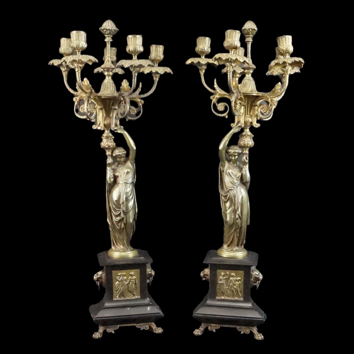 Pr Empire Style Bronze and Black Slate Candelabra