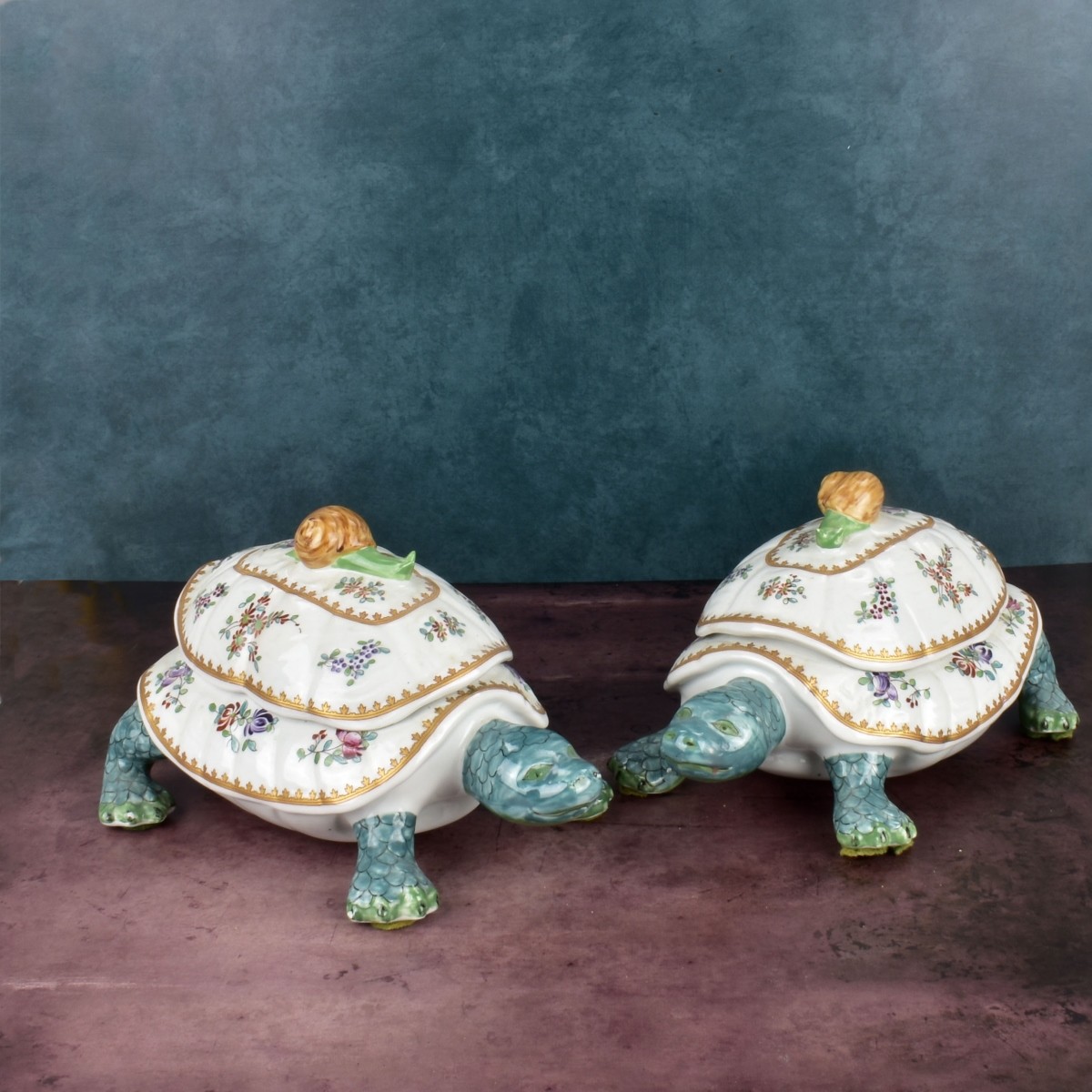 Pair French Porcelain Turtle Boxes