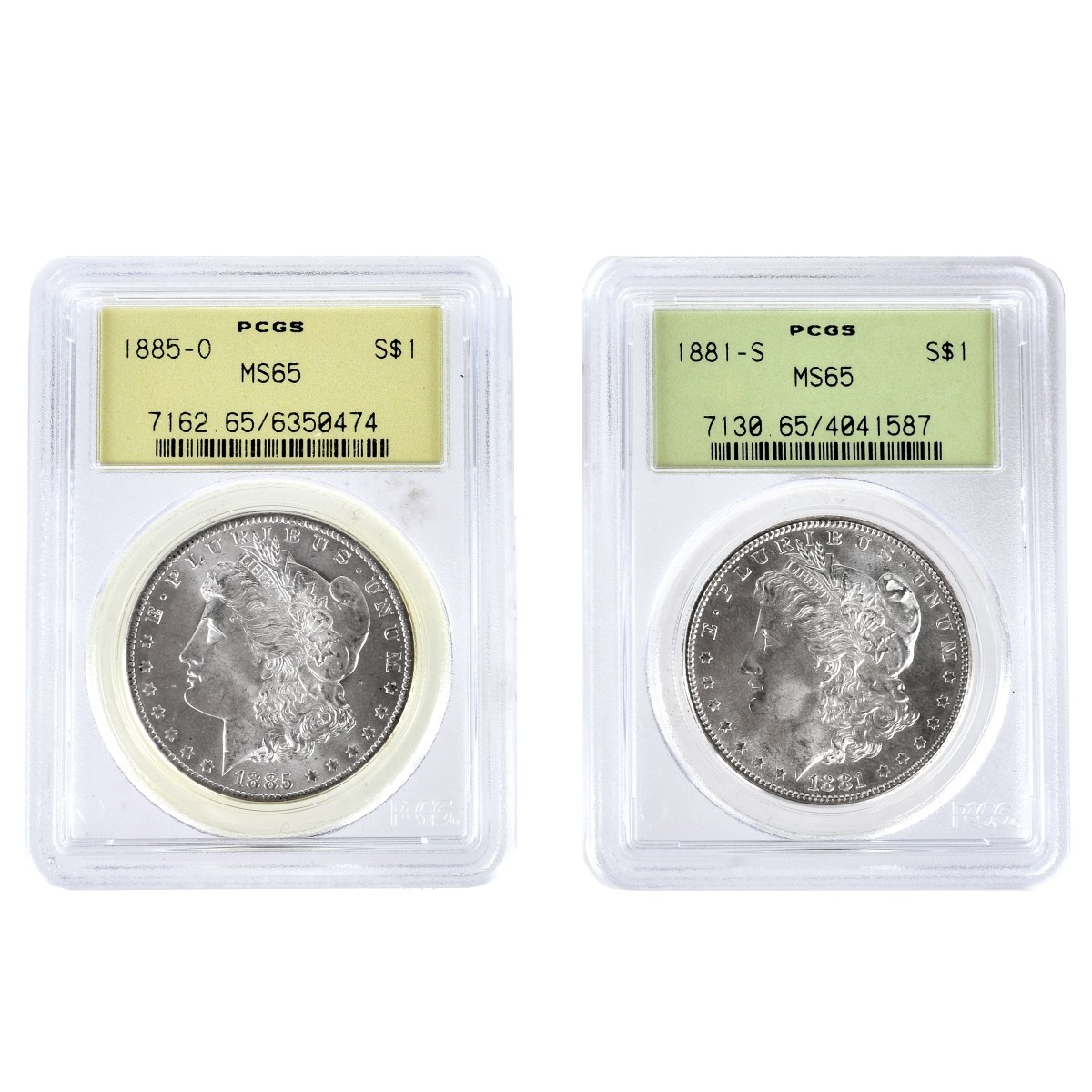 Two (2) Morgan Silver Dollars MS65 Slabbed