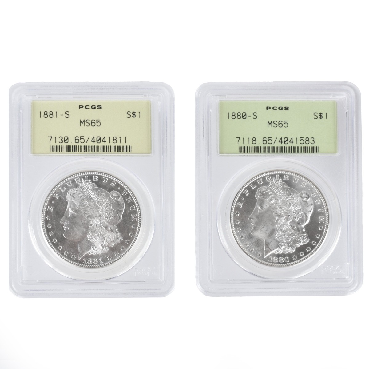 Two (2) Morgan Silver Dollars MS65 Slabbed