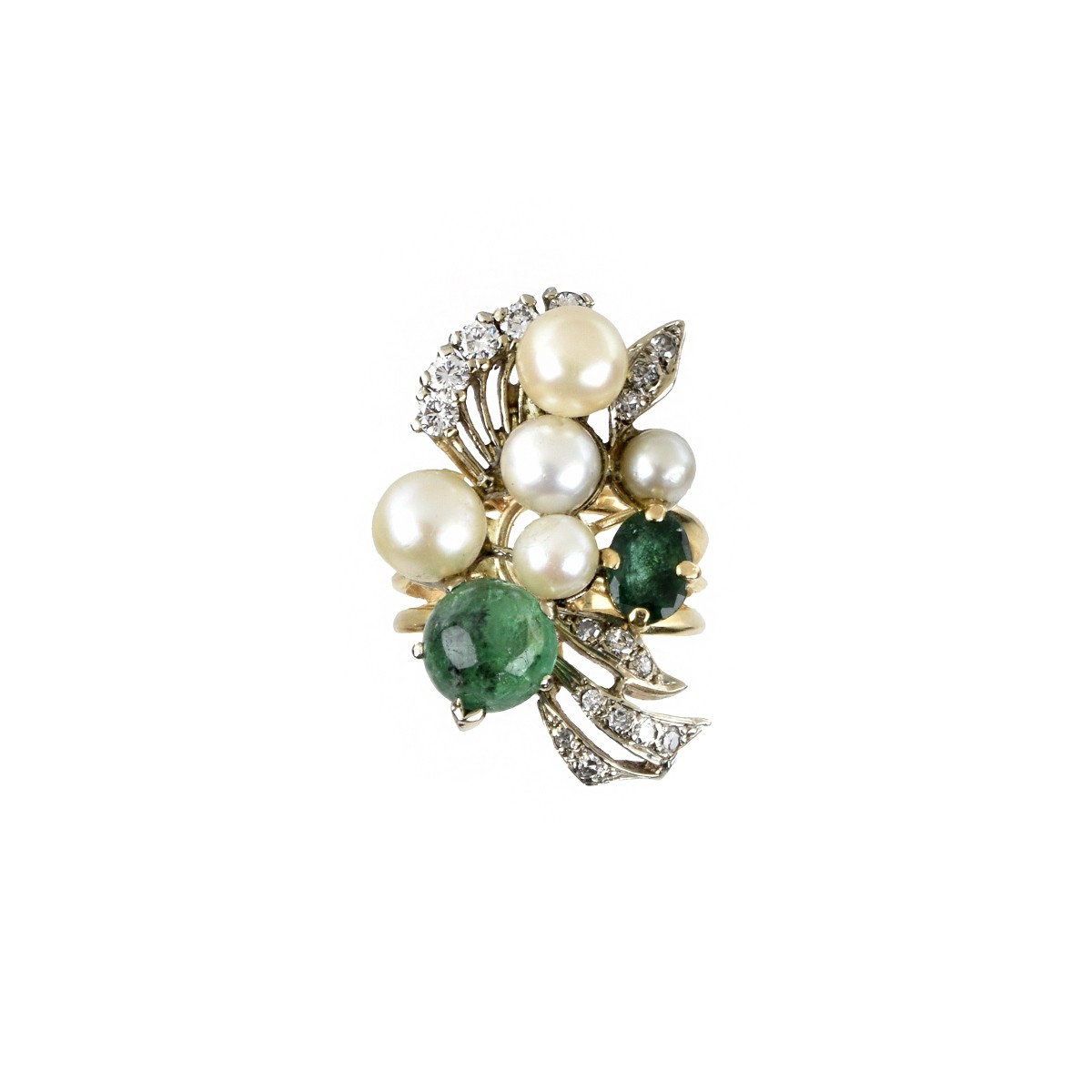 Emerald, Diamond, Pearl and 14K Ring